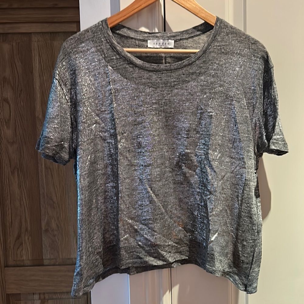 🎀Sandro metallic silver linen t shirt size 2 small euc